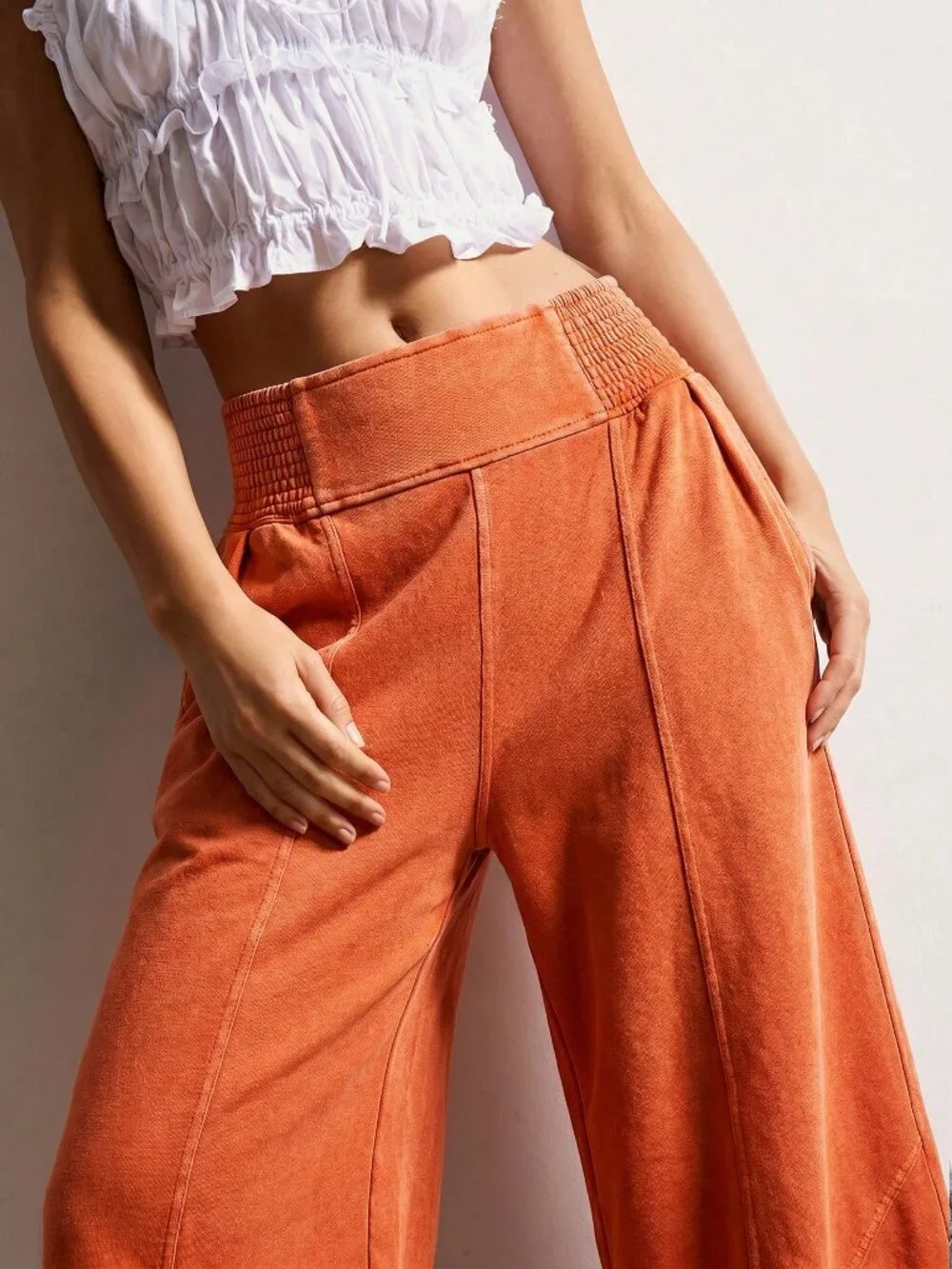 Orange Casual Women's Boho Knit Loose Wide Leg Washed Long Pants
